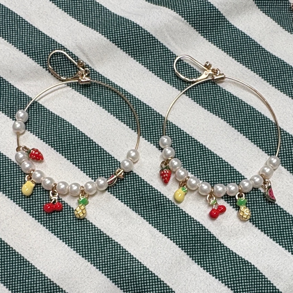 Fruit Charm Pearl Hoop Earrings